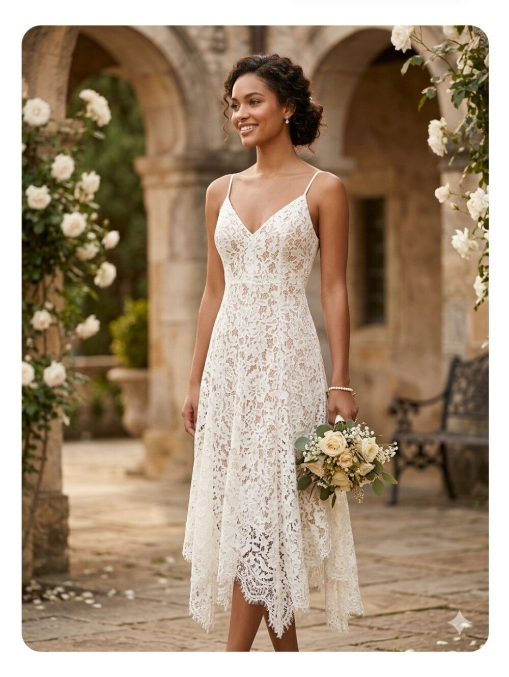 Lulus "One Wish" White Lace Handkerchief Hem Midi Dress w/Nude lining Small NWOT